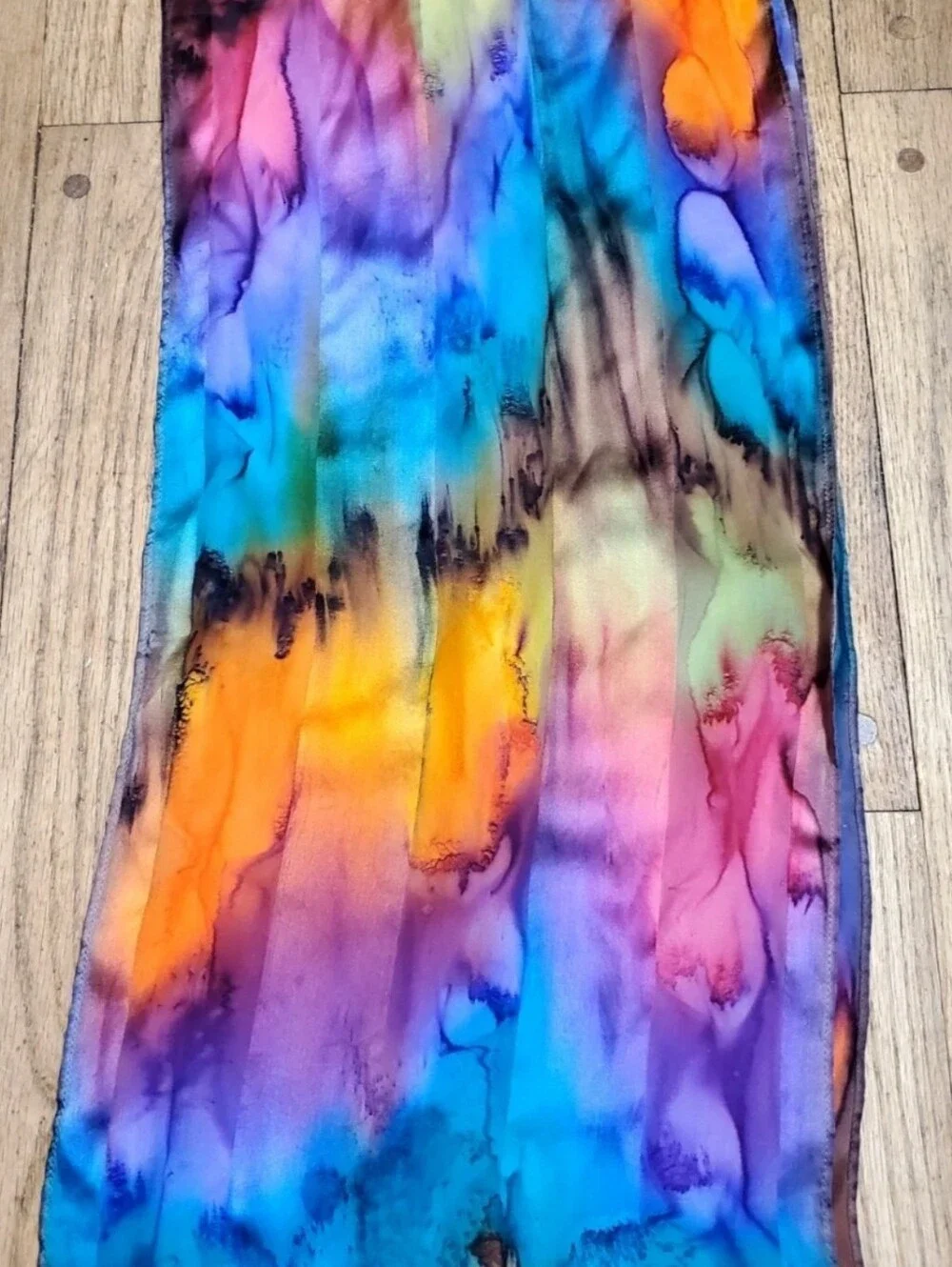 Vintage 100% Silk Scarf Oblong Vibrant Watercolor Rainbow Tie Dye Wrap Shawl